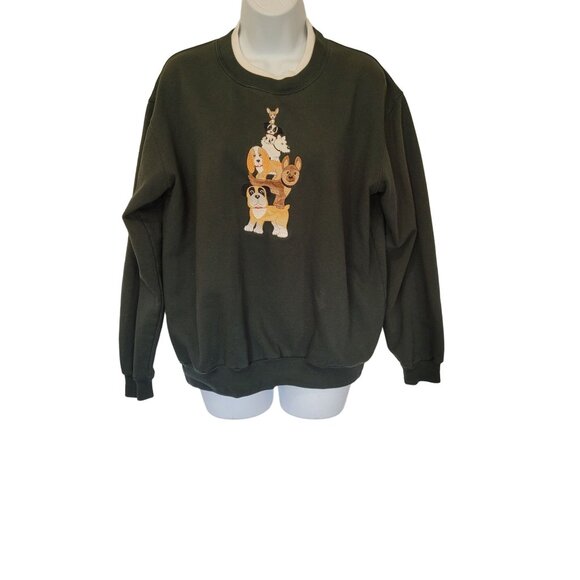 Decorated Originals Tops - Vintage Y2K Dog Sweatshirt L Embroidered Velour Stacked Dogs Green Crewneck
